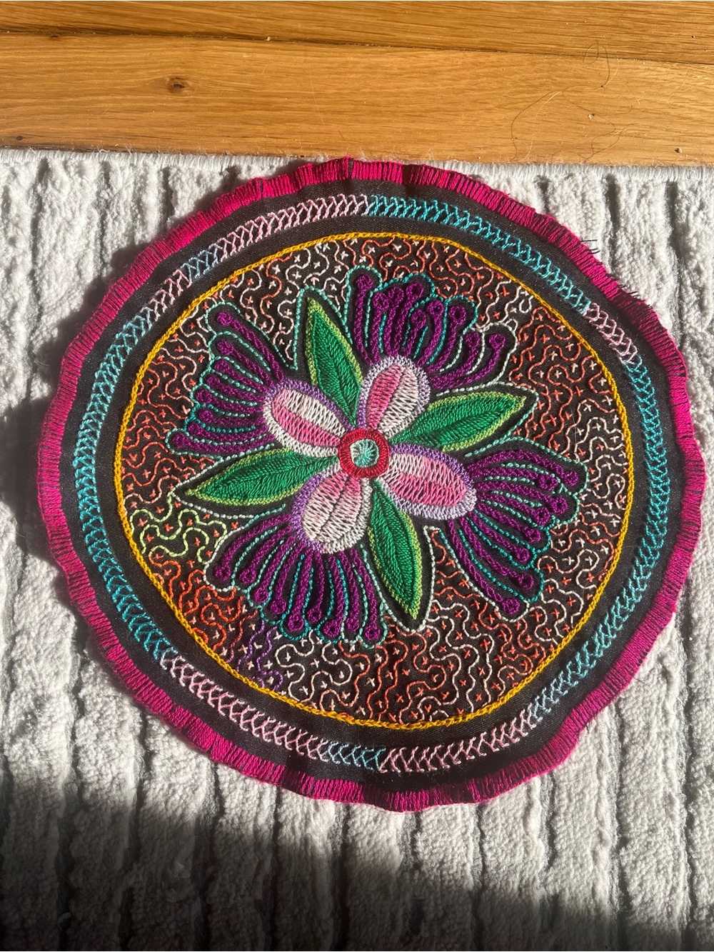 Shipibo Altar Cloth | Round Embroidered Tapestry | Sacred Ceremony | Floral